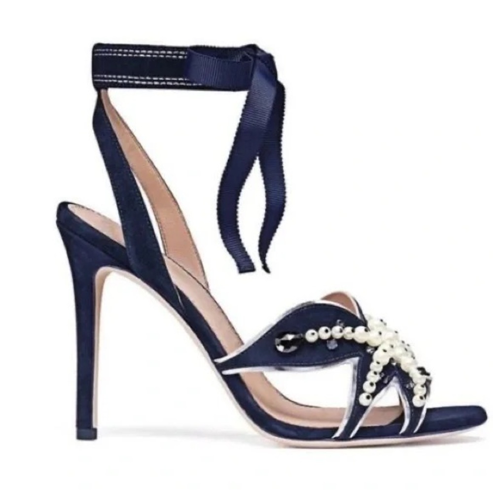 Tory Burch Sea Star Starfish Beaded Pearl Ribbon Tie Strappy Heels Size 10.